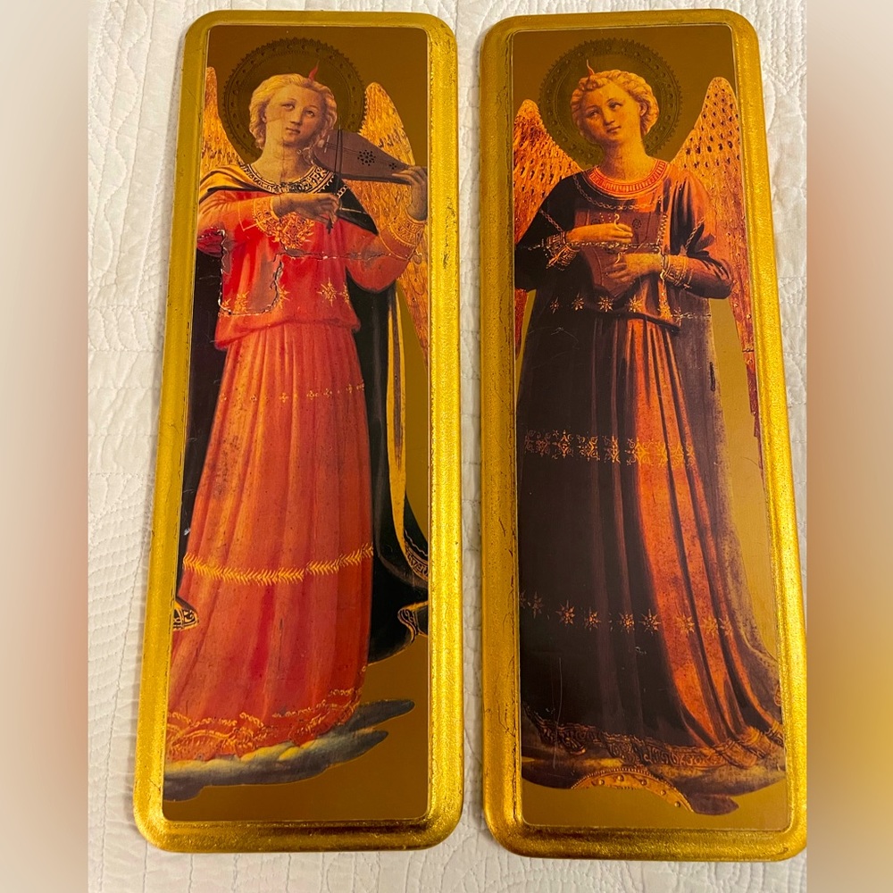Angel art made in Italy.  Gold leaf around.  Two